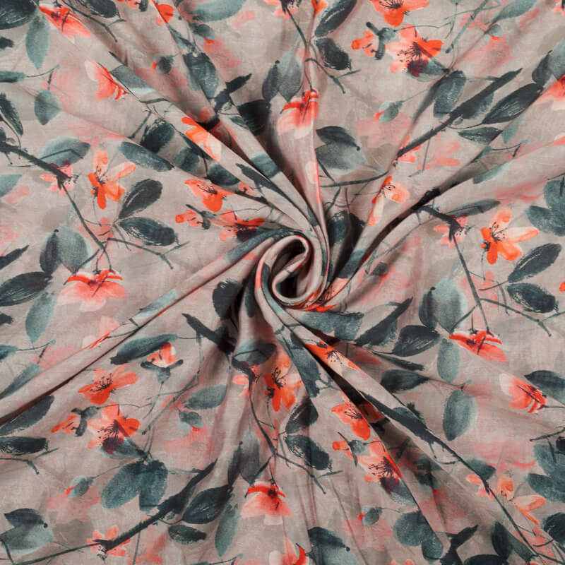 Grey And Orange Floral Pattern Digital Print Viscose Chanderi Fabric - Fabcurate