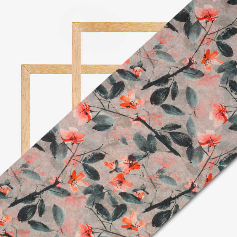 Grey And Orange Floral Pattern Digital Print Viscose Chanderi Fabric - Fabcurate