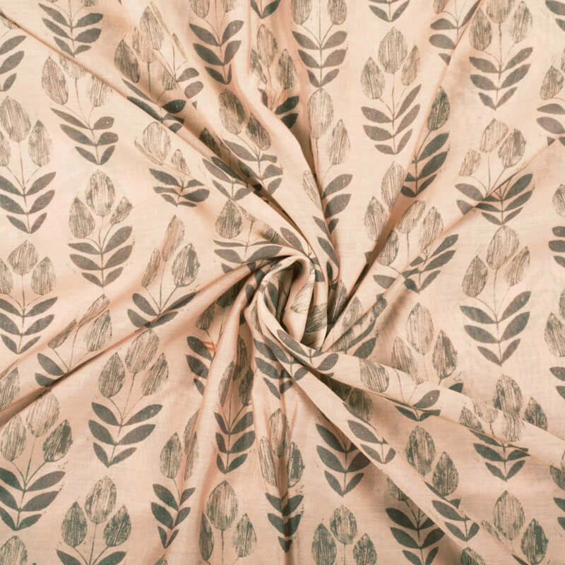 Champagne Beige And Steel Grey Leaf Pattern Digital Print Viscose Chanderi Fabric - Fabcurate