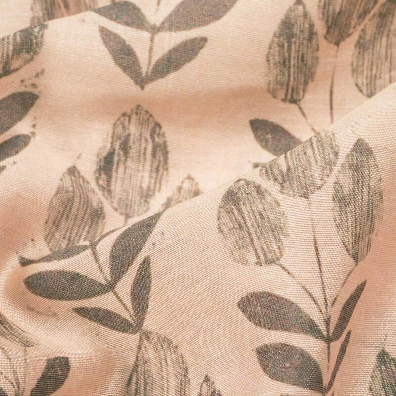 Champagne Beige And Steel Grey Leaf Pattern Digital Print Viscose Chanderi Fabric - Fabcurate