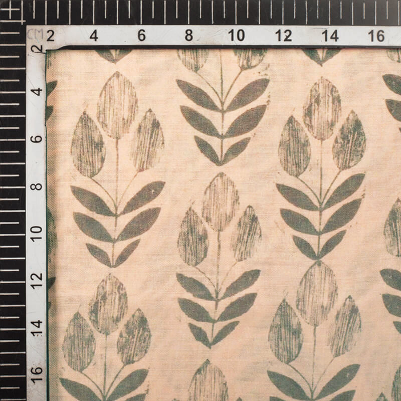 Champagne Beige And Steel Grey Leaf Pattern Digital Print Viscose Chanderi Fabric - Fabcurate
