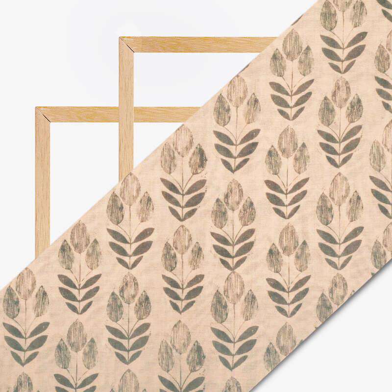 Champagne Beige And Steel Grey Leaf Pattern Digital Print Viscose Chanderi Fabric - Fabcurate
