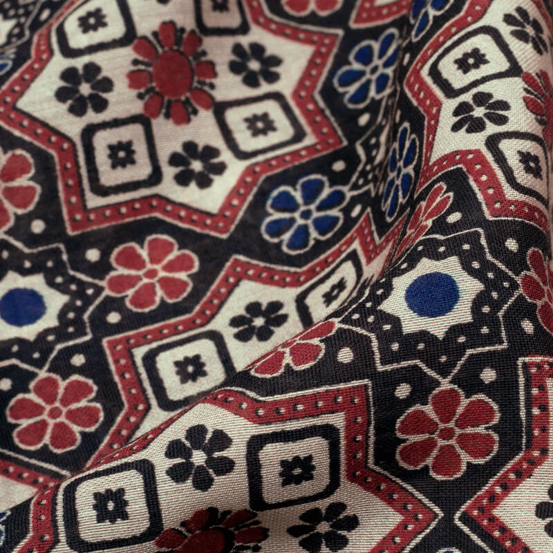 Beige And Black Geometric Pattern Digital Print Viscose Chanderi Fabric - Fabcurate