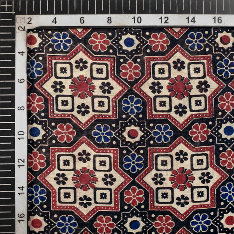 Beige And Black Geometric Pattern Digital Print Viscose Chanderi Fabric - Fabcurate