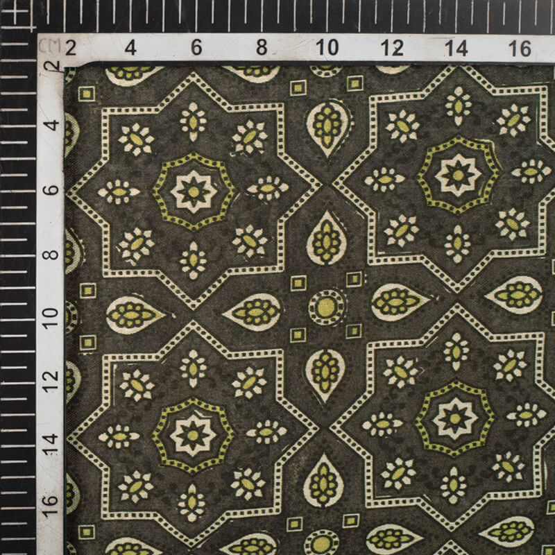 Dark Grey And Beige Geometric Pattern Digital Print Viscose Chanderi Fabric - Fabcurate