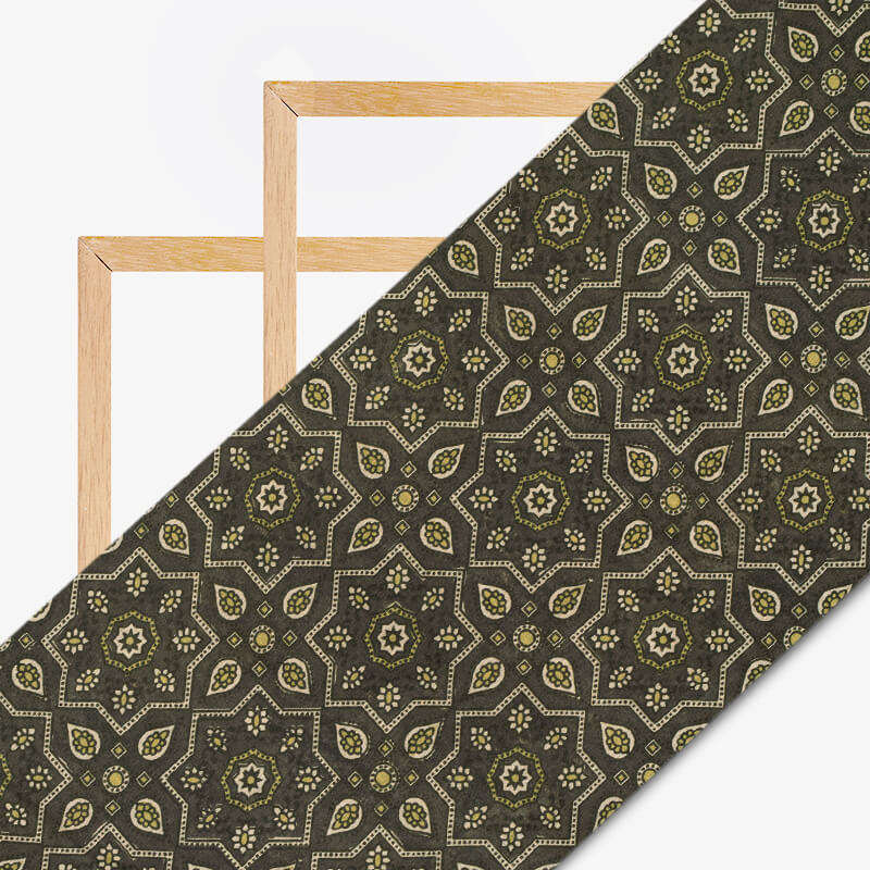 Dark Grey And Beige Geometric Pattern Digital Print Viscose Chanderi Fabric - Fabcurate