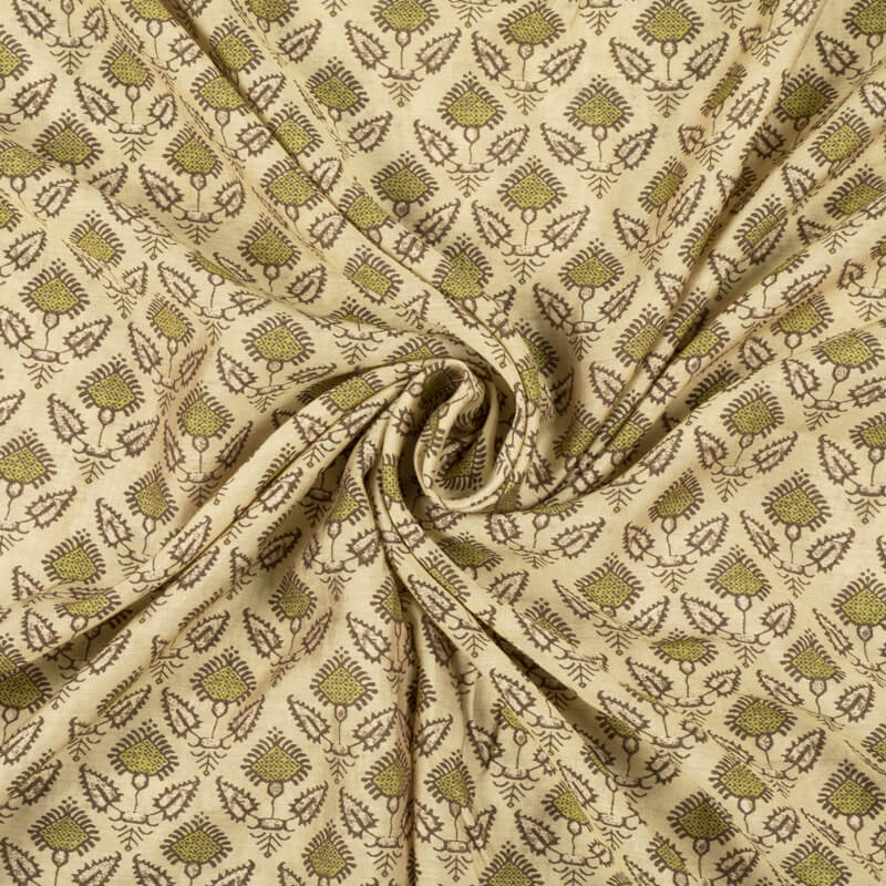 Cream And Brown Ethnic Pattern Digital Print Viscose Chanderi Fabric - Fabcurate