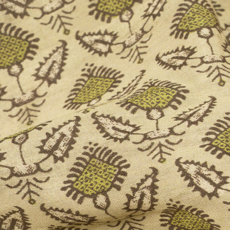 Cream And Brown Ethnic Pattern Digital Print Viscose Chanderi Fabric - Fabcurate