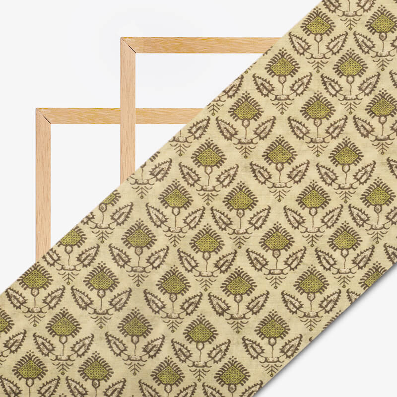 Cream And Brown Ethnic Pattern Digital Print Viscose Chanderi Fabric - Fabcurate
