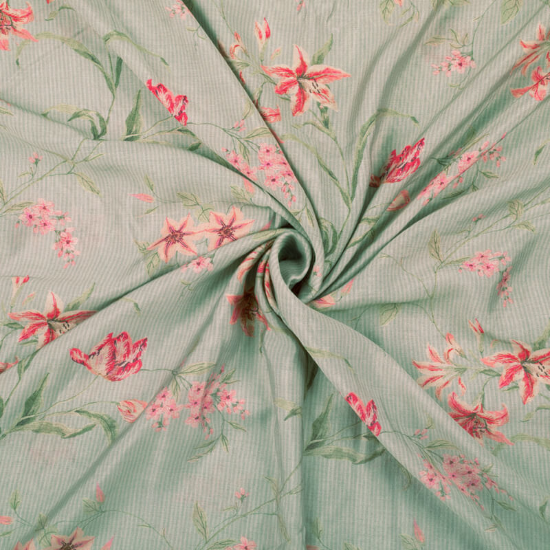 Grey And Pink Floral Pattern Digital Print Viscose Chanderi Fabric - Fabcurate