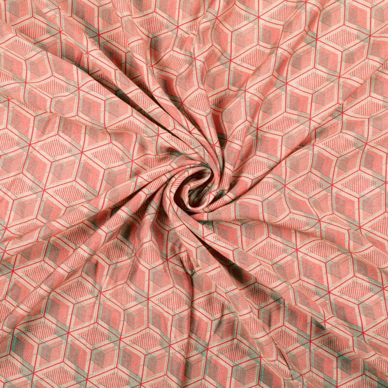 Beige And Punch Pink Geometric Pattern Digital Print Viscose Chanderi Fabric - Fabcurate