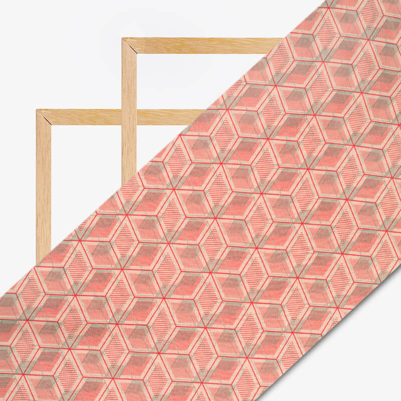 Beige And Punch Pink Geometric Pattern Digital Print Viscose Chanderi Fabric - Fabcurate