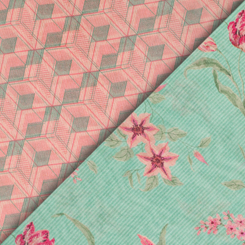 Tame Teal Turquoise And Pink Floral Pattern Digital Print Viscose Chanderi Fabric - Fabcurate