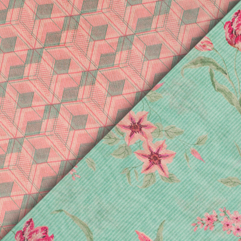 Pink And Grey Geometric Pattern Digital Print Viscose Chanderi Fabric - Fabcurate