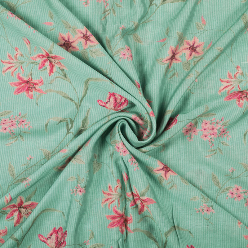 Tame Teal Turquoise And Pink Floral Pattern Digital Print Viscose Chanderi Fabric - Fabcurate