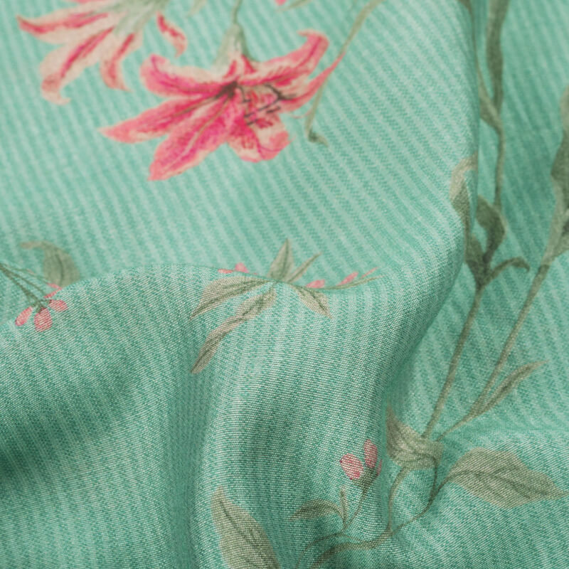 Tame Teal Turquoise And Pink Floral Pattern Digital Print Viscose Chanderi Fabric - Fabcurate