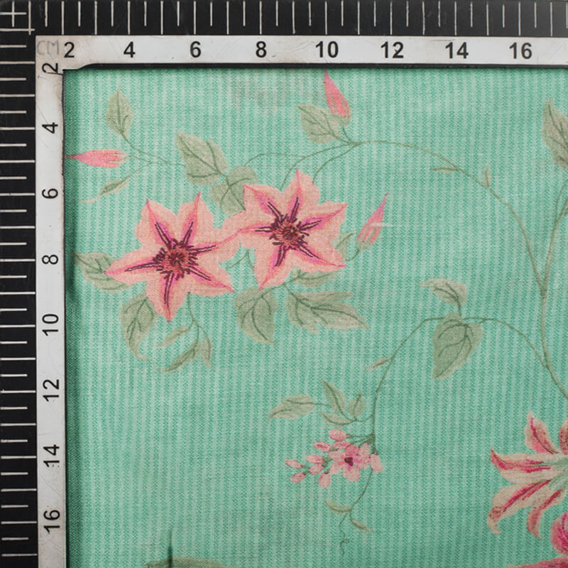 Tame Teal Turquoise And Pink Floral Pattern Digital Print Viscose Chanderi Fabric - Fabcurate