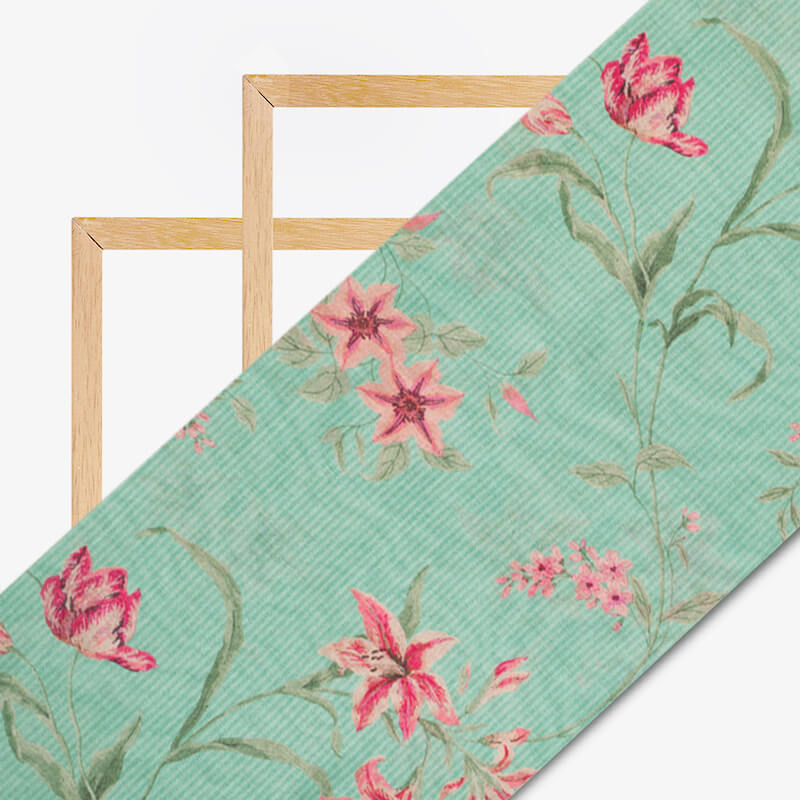 Tame Teal Turquoise And Pink Floral Pattern Digital Print Viscose Chanderi Fabric - Fabcurate