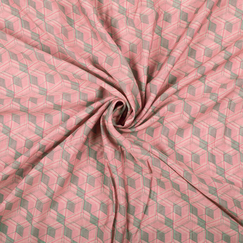 Pink And Grey Geometric Pattern Digital Print Viscose Chanderi Fabric - Fabcurate