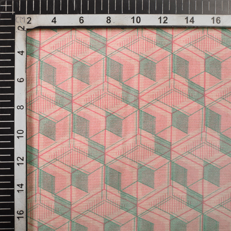 Pink And Grey Geometric Pattern Digital Print Viscose Chanderi Fabric - Fabcurate