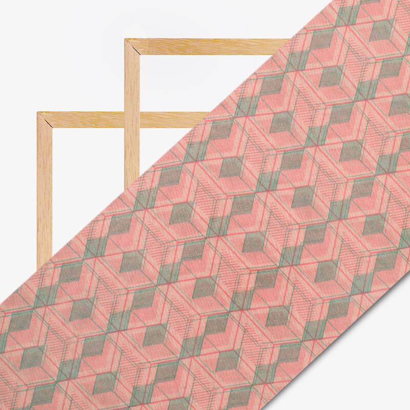 Pink And Grey Geometric Pattern Digital Print Viscose Chanderi Fabric - Fabcurate