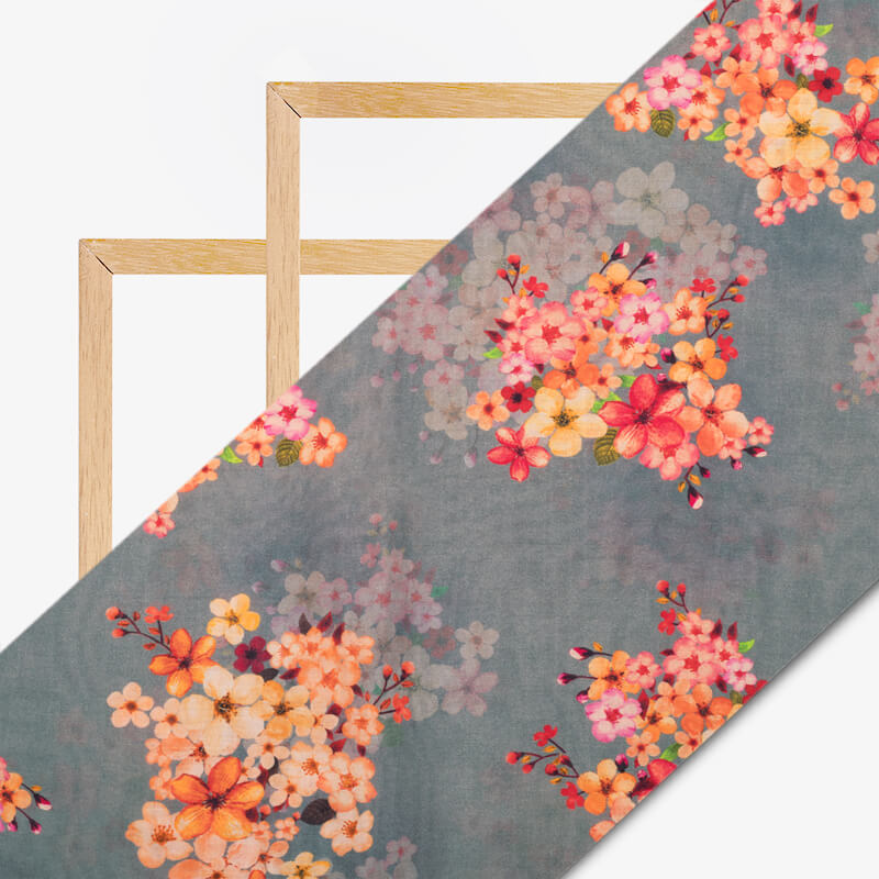 Steel Grey And Orange Floral Pattern Digital Print Viscose Chanderi Fabric - Fabcurate