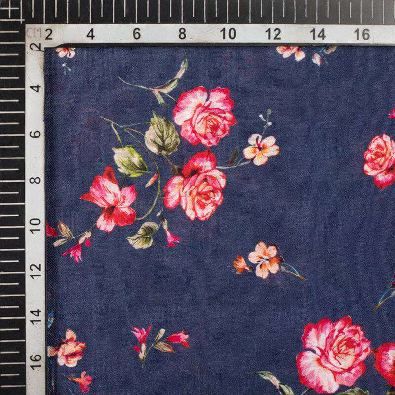 Old Navy Grey And Fuchsia Pink Floral Pattern Digital Print Viscose Chanderi Fabric - Fabcurate