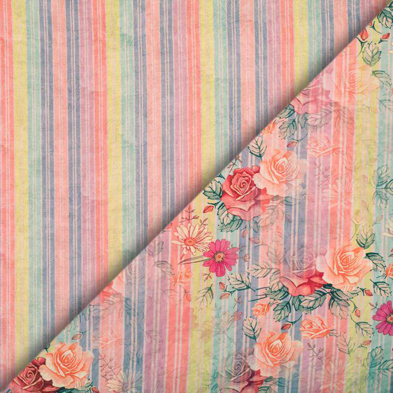 Pink And Coral Peach Floral Pattern Digital Print Viscose Chanderi Fabric - Fabcurate