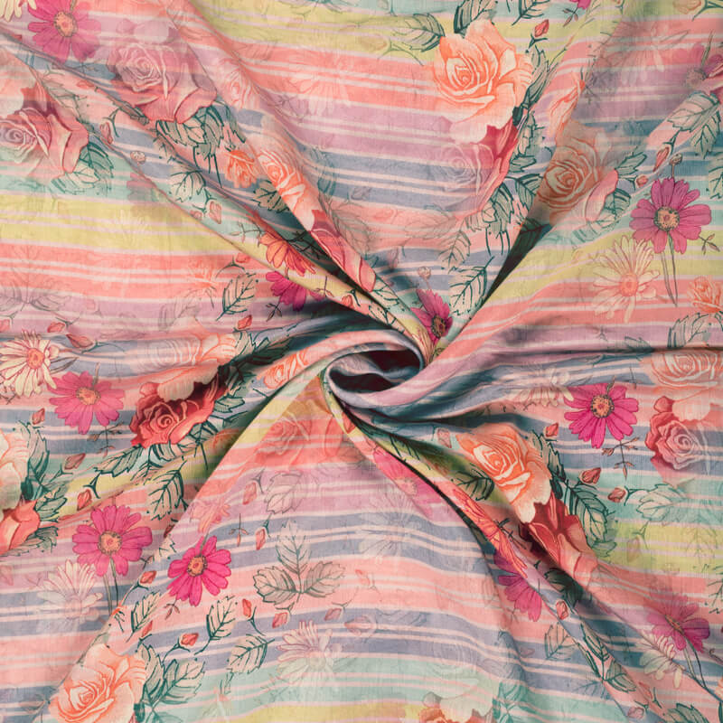 Pink And Coral Peach Floral Pattern Digital Print Viscose Chanderi Fabric - Fabcurate