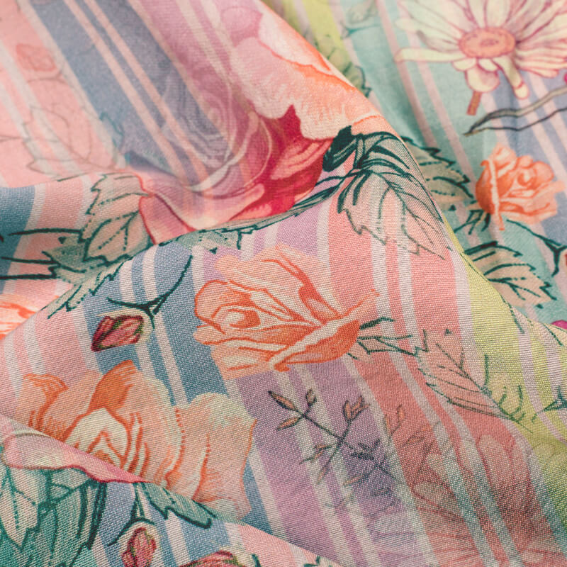 Pink And Coral Peach Floral Pattern Digital Print Viscose Chanderi Fabric - Fabcurate