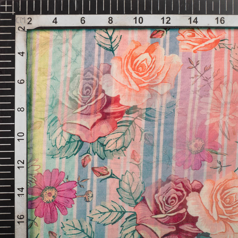 Pink And Coral Peach Floral Pattern Digital Print Viscose Chanderi Fabric - Fabcurate