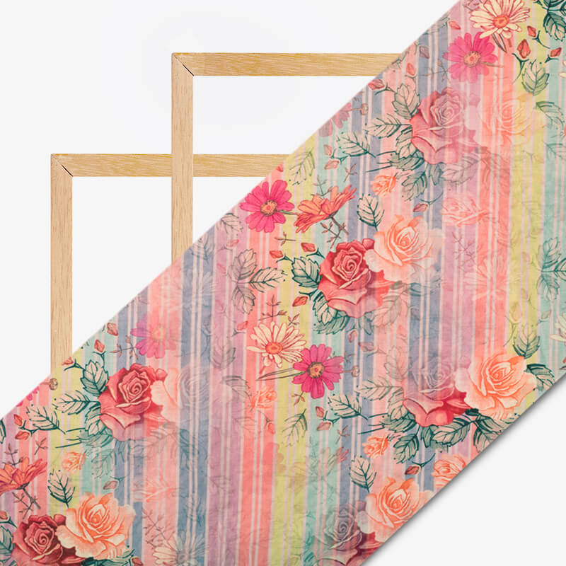 Pink And Coral Peach Floral Pattern Digital Print Viscose Chanderi Fabric - Fabcurate