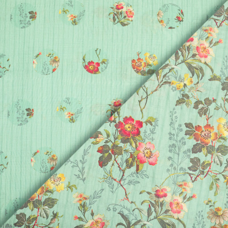 Light Pistachio Green And Dark Pink Floral Pattern Digital Print Viscose Chanderi Fabric - Fabcurate