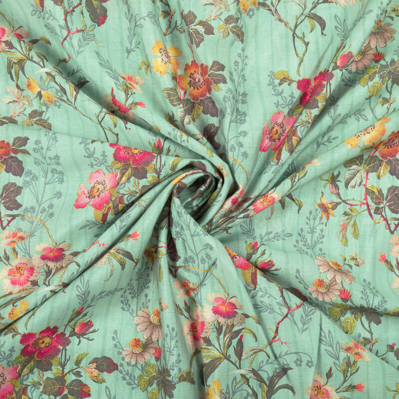 Light Pistachio Green And Dark Pink Floral Pattern Digital Print Viscose Chanderi Fabric - Fabcurate