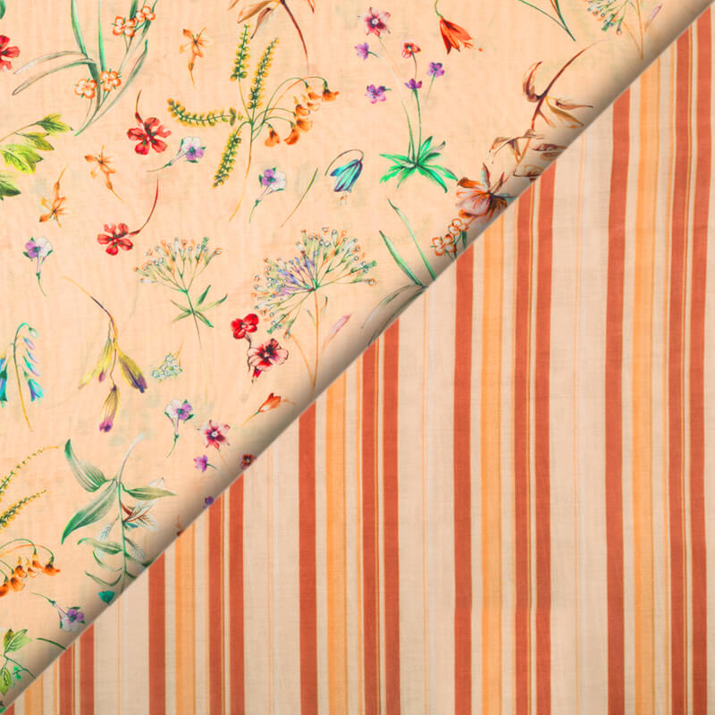 Peach And Burnt Orange Stripes Pattern Digital Print Viscose Chanderi Fabric - Fabcurate