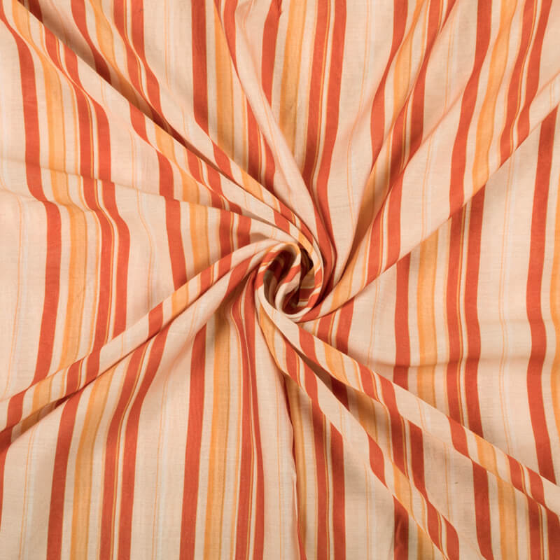 Peach And Burnt Orange Stripes Pattern Digital Print Viscose Chanderi Fabric - Fabcurate