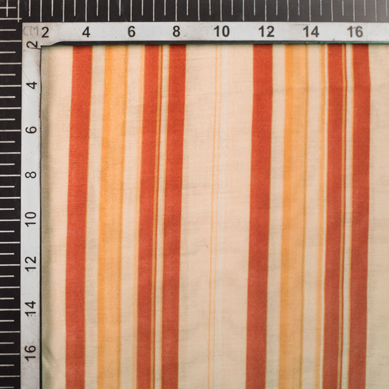 Peach And Burnt Orange Stripes Pattern Digital Print Viscose Chanderi Fabric - Fabcurate