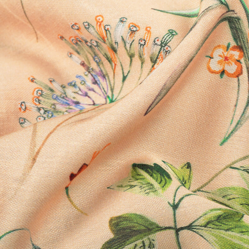 Peach And Olive Green Floral Pattern Digital Print Viscose Chanderi Fabric