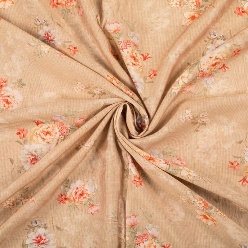 Sepia Beige And Pink Floral Pattern Digital Print Viscose Chanderi Fabric - Fabcurate