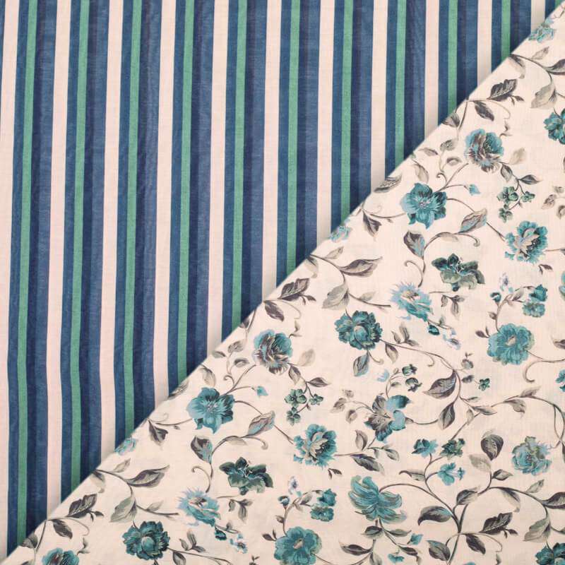 Light Peach And Teal Blue Floral Pattern Digital Print Viscose Chanderi Fabric - Fabcurate