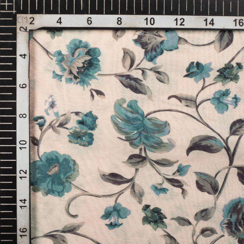 Light Peach And Teal Blue Floral Pattern Digital Print Viscose Chanderi Fabric - Fabcurate