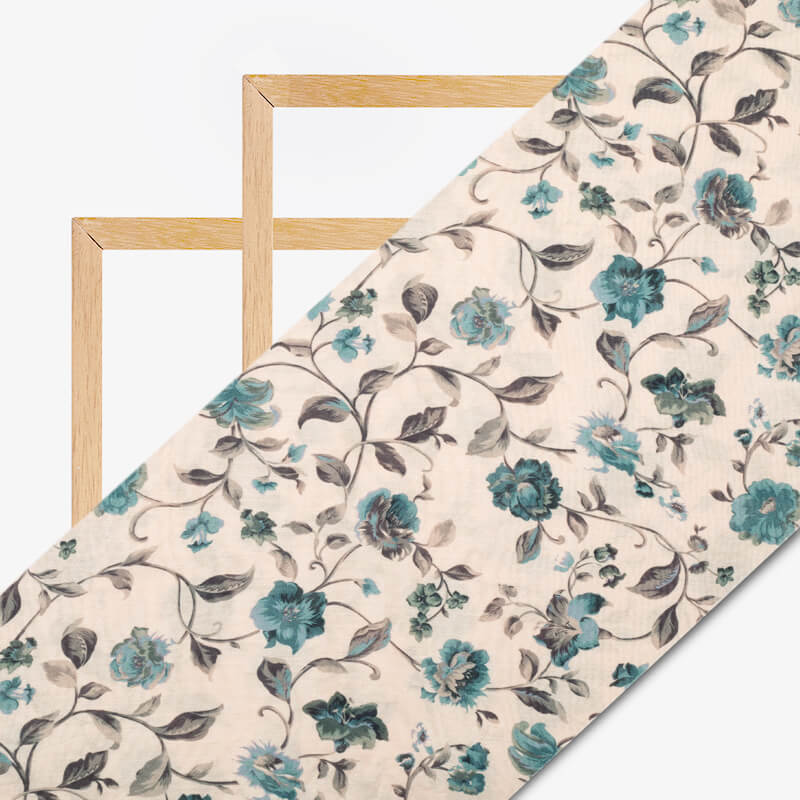 Light Peach And Teal Blue Floral Pattern Digital Print Viscose Chanderi Fabric - Fabcurate