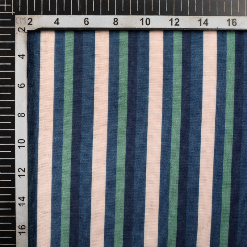 Light Peach And Navy Blue Stripes Pattern Digital Print Viscose Chanderi Fabric - Fabcurate