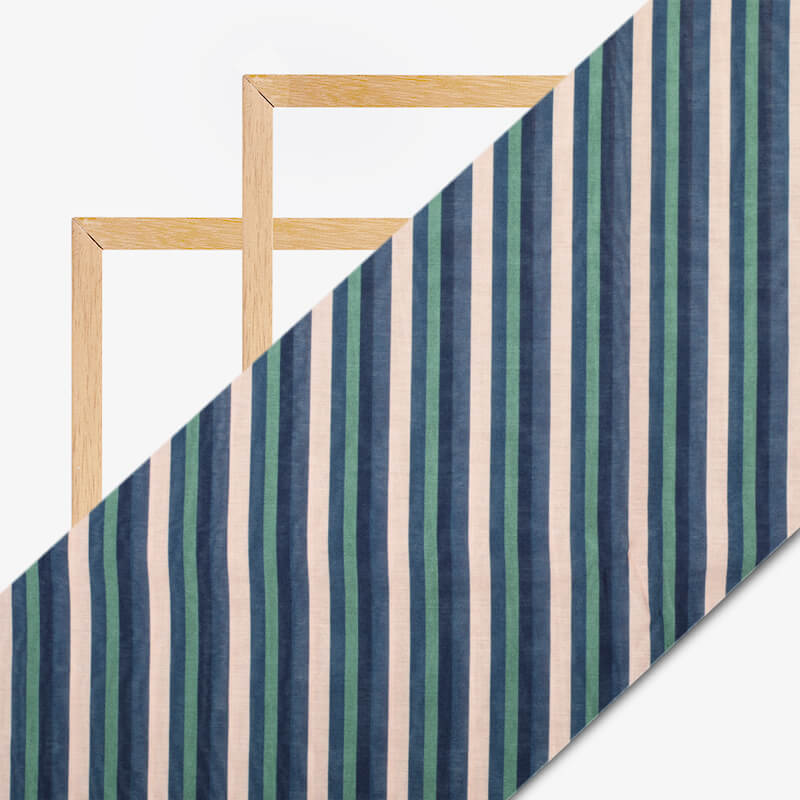 Light Peach And Navy Blue Stripes Pattern Digital Print Viscose Chanderi Fabric - Fabcurate