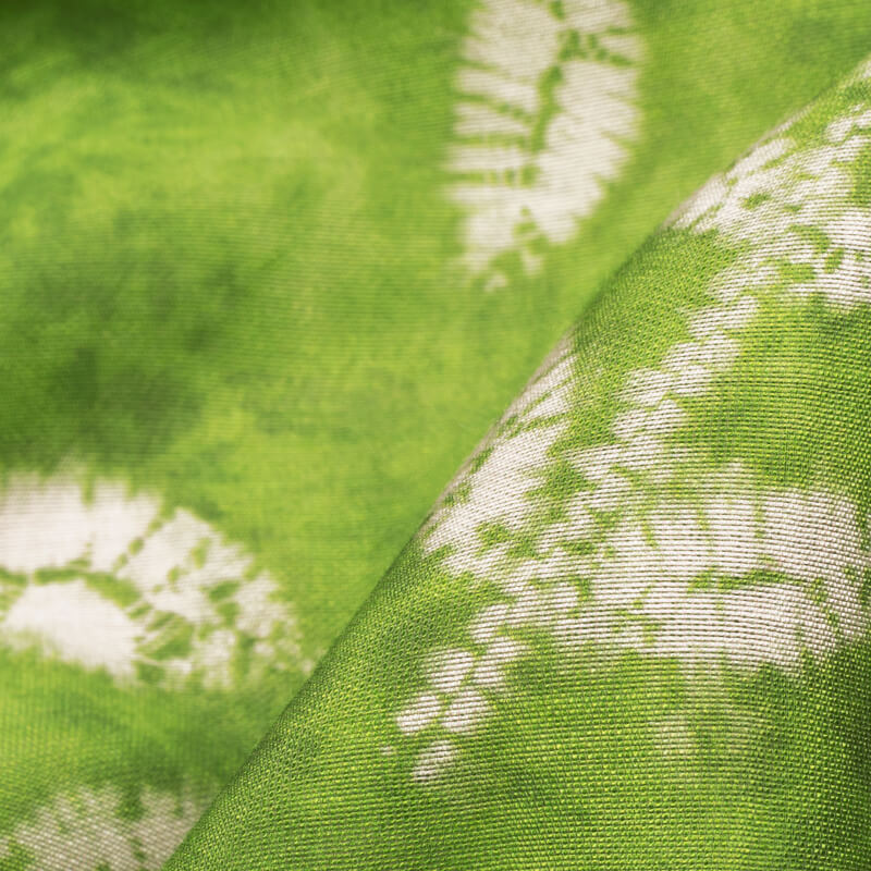 Parrot Green And Off White Leaf Pattern Digital Print Viscose Chanderi Fabric - Fabcurate