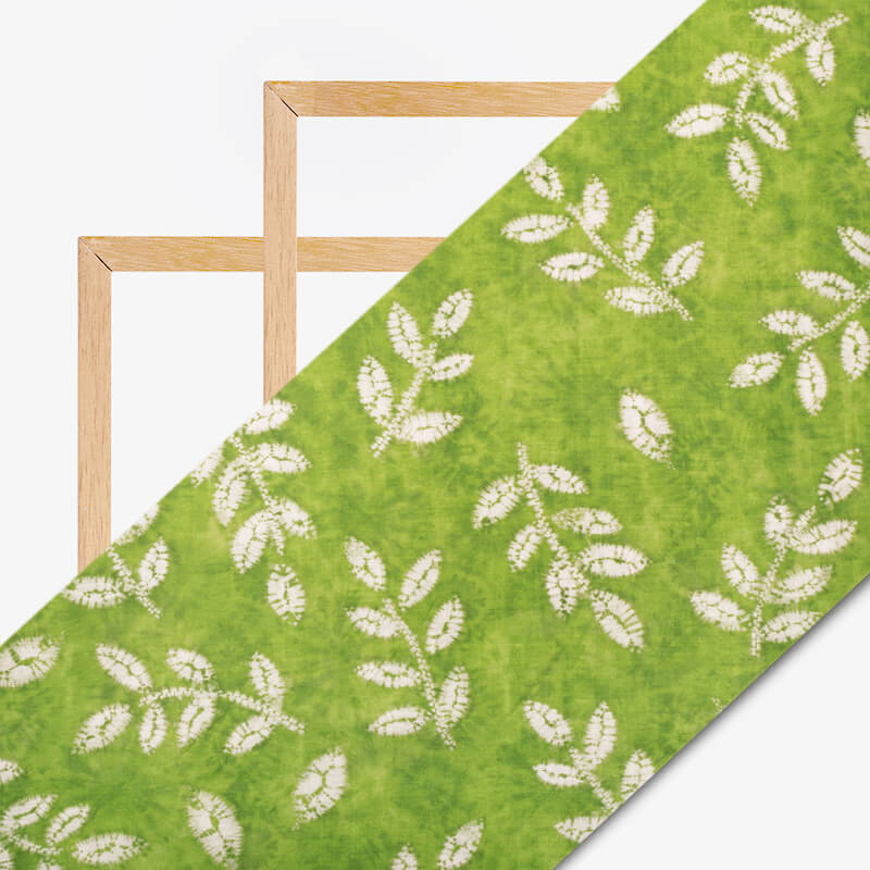 Parrot Green And Off White Leaf Pattern Digital Print Viscose Chanderi Fabric - Fabcurate