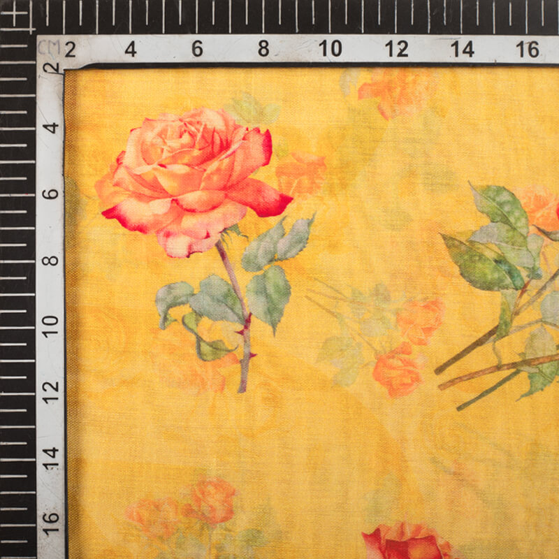 Mustard Yellow And Orange Floral Pattern Digital Print Viscose Chanderi Fabric - Fabcurate