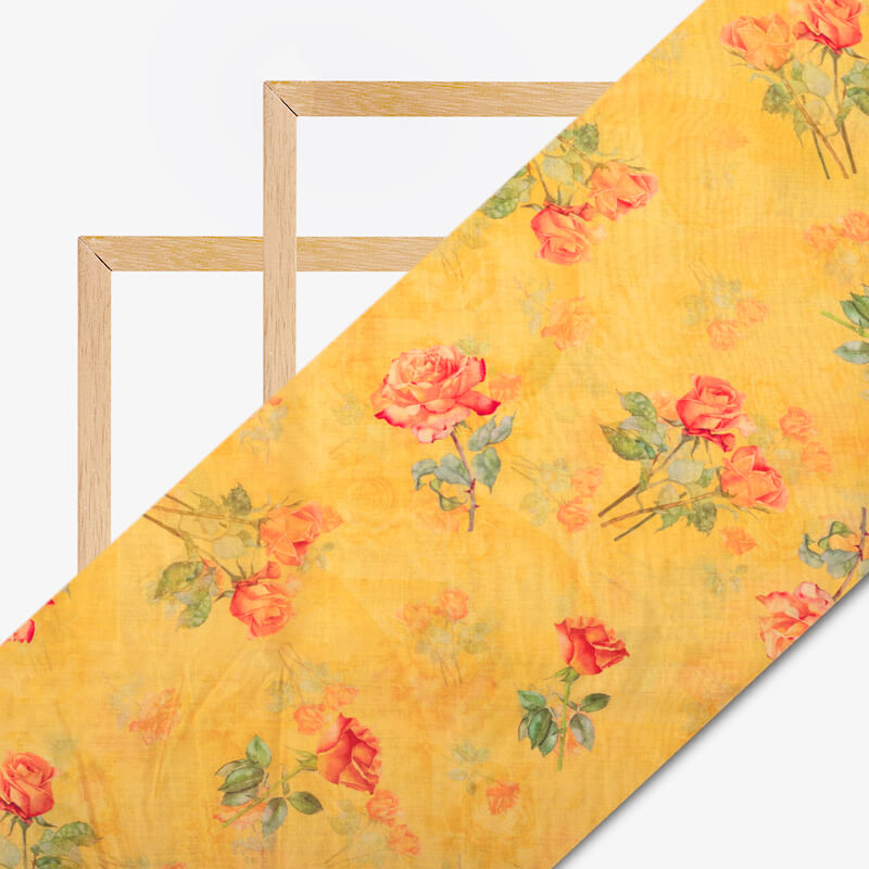 Mustard Yellow And Orange Floral Pattern Digital Print Viscose Chanderi Fabric - Fabcurate