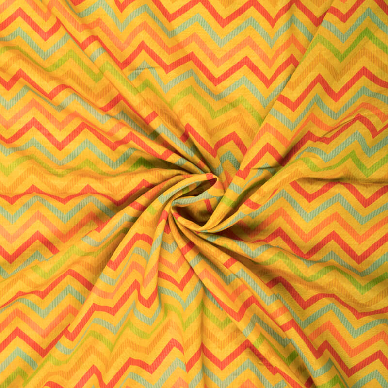 Mustard Yellow And Orange Chevron Pattern Digital Print Viscose Chanderi Fabric