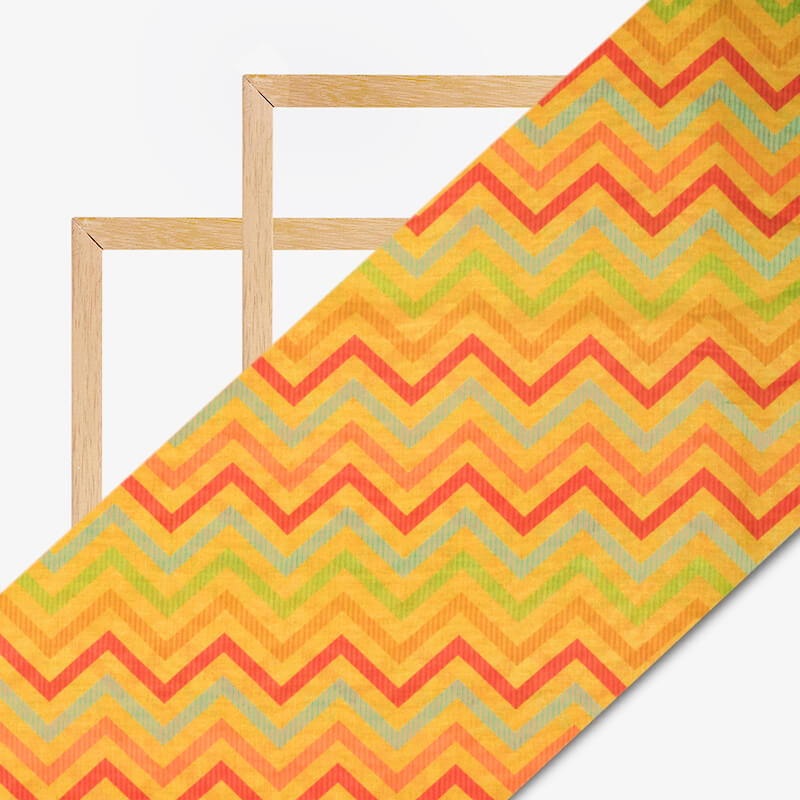 Mustard Yellow And Orange Chevron Pattern Digital Print Viscose Chanderi Fabric